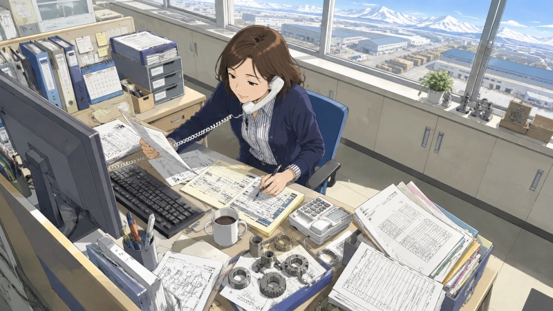 北海道の精密機械商社で働く40代女性の事務職。発注管理や部品手配の業務を行いながら、電話対応と書類確認を同時にこなし、工場担当者や取引先から感謝されることにやりがいを感じている転職前の仕事風景。