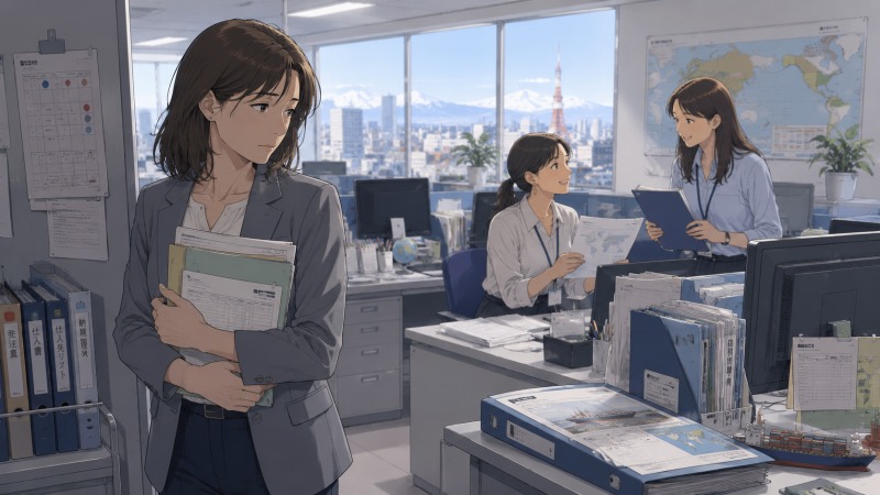 北海道の商社オフィスで、40代女性の事務職が書類を抱えながら活躍する年下の貿易事務社員たちを見つめている。英語力や専門スキルを持つ同僚への劣等感から、自身のキャリアに悩み始めた転職のきっかけとなる場面。