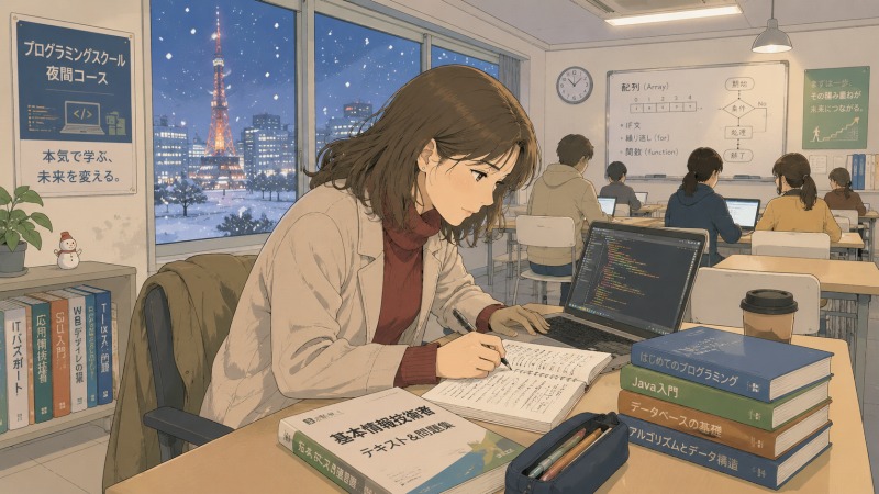 札幌のプログラミングスクールで、仕事終わりの40代女性がプログラマー転職を目指して学習している様子。基本情報技術者試験の勉強とプログラミング学習に取り組み、未経験からIT業界へのキャリアチェンジに挑戦している場面。