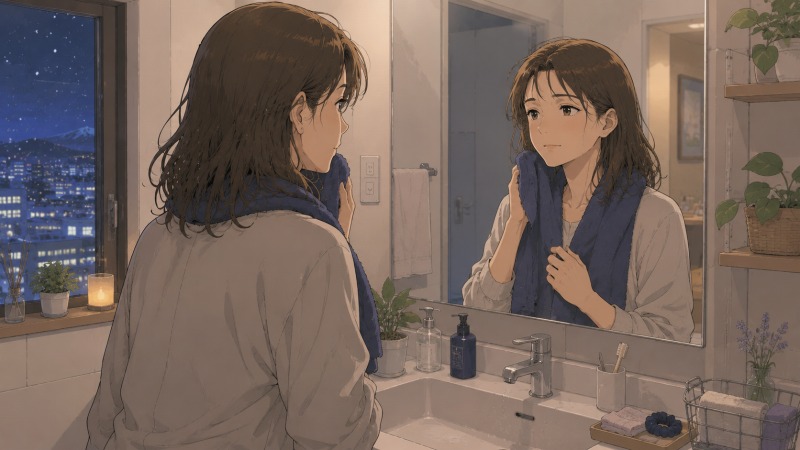 仕事を終えて帰宅した40代女性が、風呂上がりに洗面台の鏡へ向かい静かに自分自身を見つめている。事務職からプログラマーへの転職、会社倒産による失業、そして設計アシスタントとしての再出発を経験し、キャリアの失敗と成長を前向きに受け止めながら未来を考えている場面。