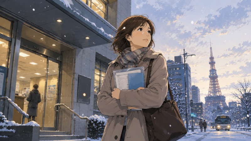 札幌の雪景色の中、求人書類を抱えた40代女性がハローワーク前で空を見上げる場面。年齢や未経験転職への不安を抱えながらも、営業職への再出発を決意する転職活動中の姿を描いたイラスト。
