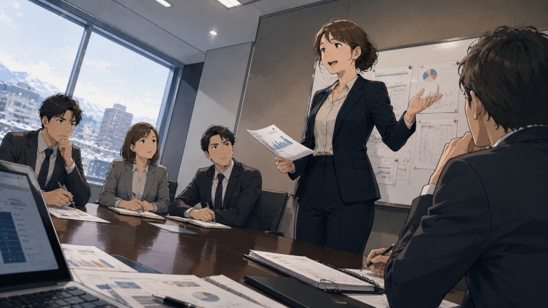 北海道の営業会社の会議室で、40代女性が新人営業として年下の上司や同僚の前に立ち、資料を説明する場面。未経験から営業職に挑戦し、緊張しながらも新しい仕事に向き合う転職後のイラスト。