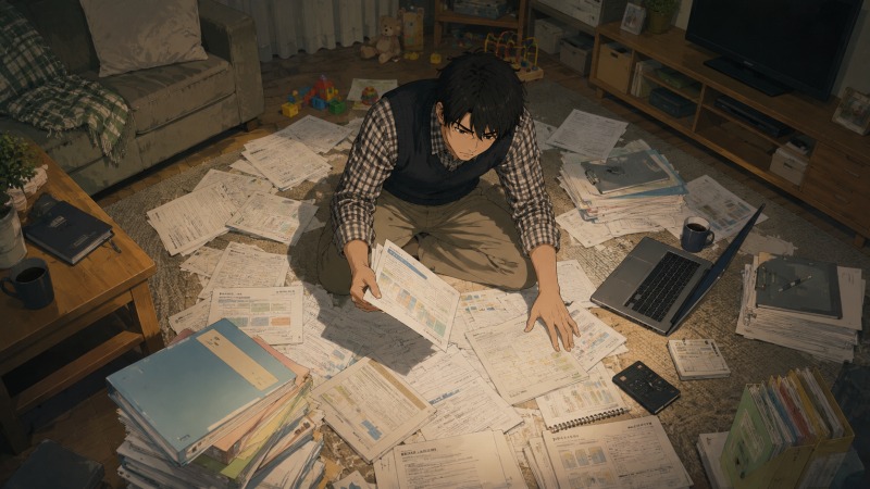 深夜の自宅リビングで、33歳男性が障害福祉サービスの起業準備として、事業計画書や融資資料、許認可関連の書類に囲まれながら悩みつつ資料を整理している場面。