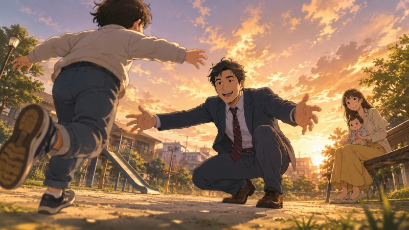 40代の不動産営業男性が、休日の夕暮れの公園で子どもと遊ぶ様子を描いたアニメ風イラスト。低いカメラアングルから、父親が笑顔で両手を広げ、走ってくる子どもを迎える姿をダイナミックに表現。後方では美しい妻が幼い子どもを抱きながら見守っており、家族との時間を大切にしながら働く父親の温かさと、不動産営業としての日常を感じさせる構図。
