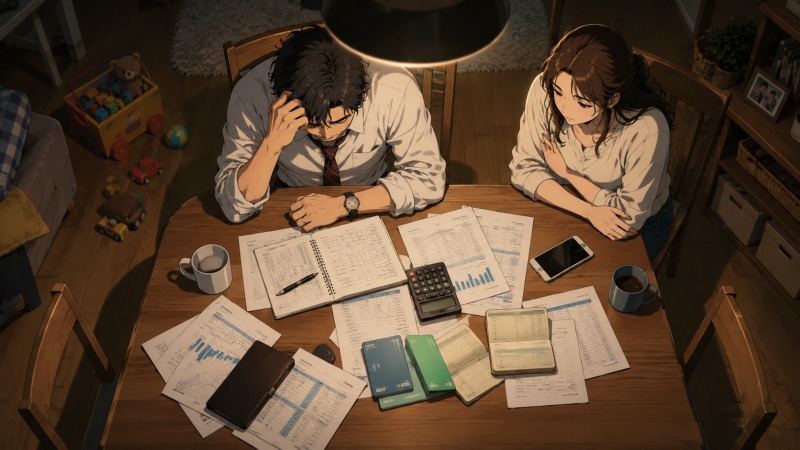 教育費や将来の貯金に不安を抱える40代の不動産営業男性が、夜のリビングで妻と家計について話し合うアニメ風イラスト。真上からの俯瞰構図で、テーブルに散らばる家計簿、通帳、電卓、スマートフォンがリアルな生活感を演出。額に手を当てて悩む男性と、静かに寄り添う妻の表情から、40代転職・年収アップへの葛藤やプレッシャーが伝わる。