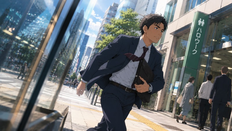 40代の不動産営業男性が、年収アップ転職のチャンスをつかむため、ハローワークへ向かって歩くアニメ風イラスト。都市のガラス街を斜め構図で切り取り、書類バッグを強く抱えながら前へ進む姿をスピード感あるカメラアングルで表現。不動産業界での転職活動、40代のキャリア不安、同業界転職への希望と決意が感じられるシーン。