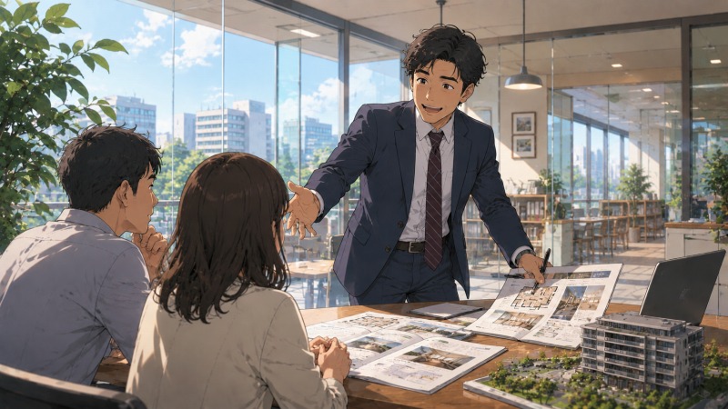 転職後の不動産会社で、40代男性営業が顧客へ物件説明を行うアニメ風イラスト。ガラス張りの明るいオフィスで、住宅模型や資料を使いながら身振りを交えて説明する姿を、広角構図で臨場感たっぷりに描写。同業界転職によるスムーズな再スタートや、営業経験を活かして活躍する様子、年収アップ後の前向きな働き方が伝わる。