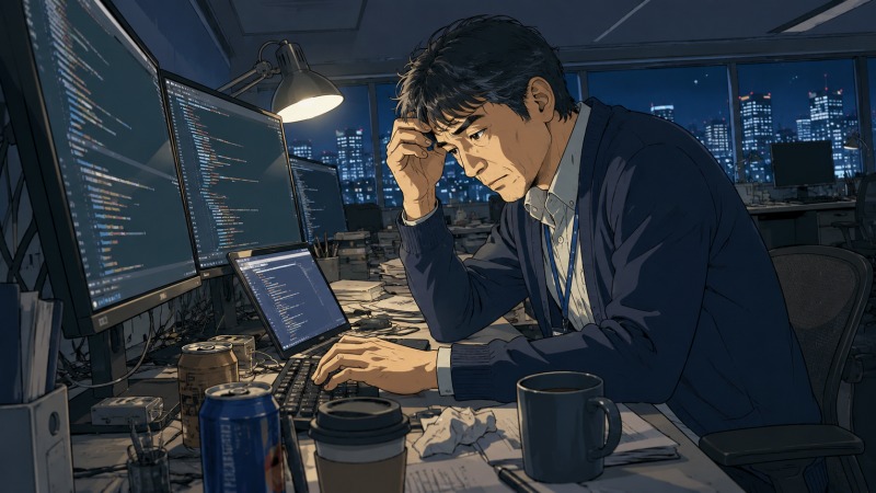 深夜のIT企業オフィスで、45歳のシステムエンジニア男性が複数モニターに囲まれながら一人でコード確認を続ける場面。疲労感のある表情で額を押さえ、静まり返った職場で黙々と作業する姿から、長年SEとして働いてきた孤独感と責任の重さが伝わるイラスト。
