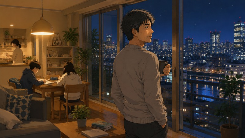 家族が過ごす自宅リビングで、45歳のPM男性がマグカップを片手に夜景を見つめる場面。子どもの勉強風景や温かな室内灯を背景に、SEからPMへの転職を振り返りながら、人とのつながりや働き方の変化を実感している穏やかなイラスト。
