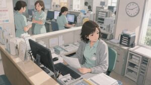 病院受付で働く40代女性の医療事務スタッフが、書類やパソコンに囲まれながら窓の外を見つめている。女性ばかりの職場で静かに自分を抑え、「自分にできる仕事は医療事務だけ」と将来への不安を抱く転職前の場面。