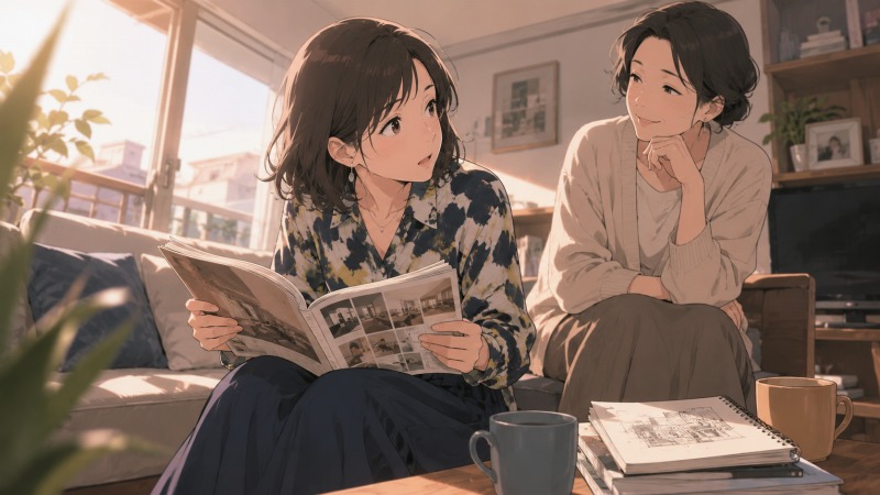 京都の明るいリビングで、40代女性が叔母と話しながら昔のデザイン雑誌を開いている。学生時代に抱いていたデザイナーの夢を思い出し、未経験からWebデザイン職へ挑戦する勇気が芽生える場面。