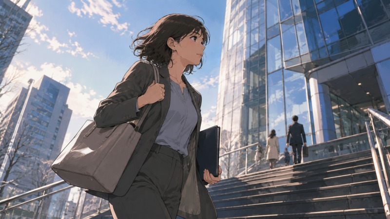 医療事務からWebデザイン業界への未経験転職を目指す40代女性が、面接へ向かうため都会のビル階段を上っている。バッグとポートフォリオを握りしめ、不安を抱えながらも新しいキャリアへ踏み出す決意を表している。