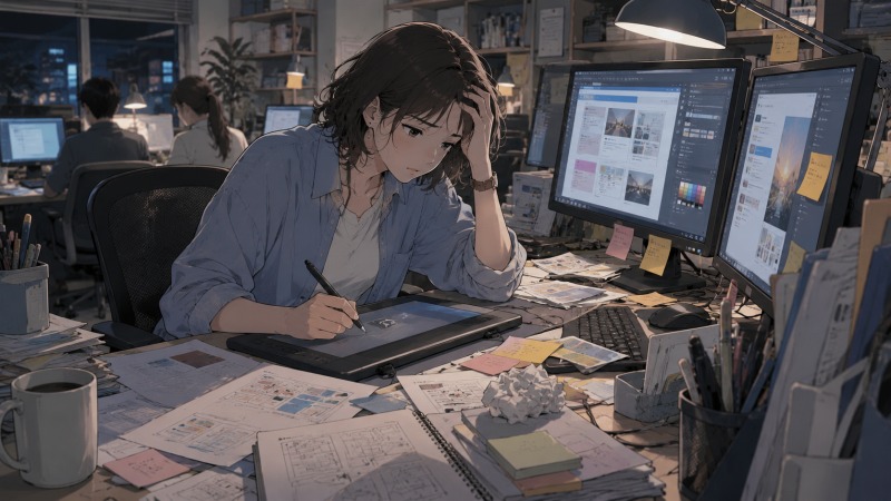 Webデザイン事務所へ転職した40代女性が、夜のオフィスで複数モニターやペンタブ、資料に囲まれながら慣れないデザイン作業に苦戦している。未経験転職後の疲れや不安を抱えつつ、学び続ける姿を描いた場面。