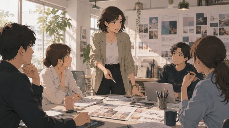 医療事務からWebデザイン事務所へ転職した40代女性が、明るい会議室で若い同僚たちとデザイン会議に参加している。未経験からのキャリアチェンジを経て、自信を持って意見を伝え、前向きに成長している場面。