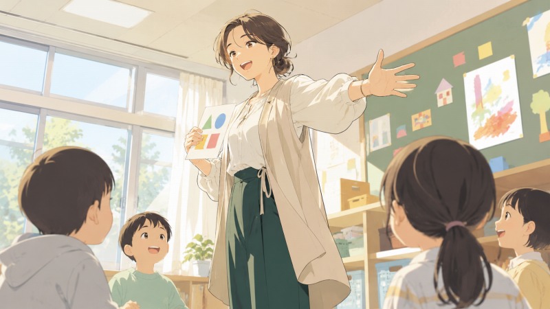 特別支援学校の明るい教室で、43歳の女性教師が教材を片手に子どもたちへ身ぶり豊かに授業をしている。オフホワイトのロングジレと深緑のワイドパンツを合わせた洗練された仕事服で、夢だった教師として生き生きと働く姿が描かれている。北海道らしい柔らかな朝の光が差し込む中、子どもたちが楽しそうに見上げており、特別支援教育への情熱とやりがいが伝わるシーン。