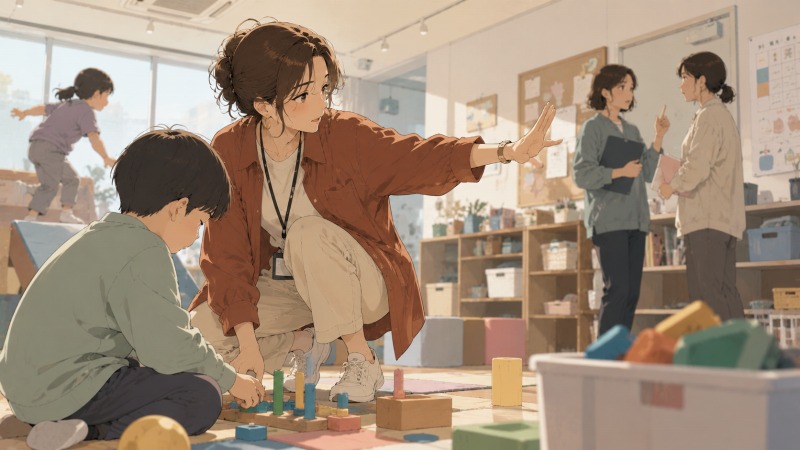 療育施設の活動室で、43歳女性指導員が床にしゃがみ込み、発達障害のある子どもと目線を合わせながら支援を行っている。テラコッタカラーのオーバーシャツと淡色パンツを合わせた動きやすく洗練された服装で、子どもに寄り添う一方、背後の職員たちにも気を配っている。教育現場とは異なる民間福祉施設の現実や、療育現場で働く葛藤と責任感が伝わるシーン。
