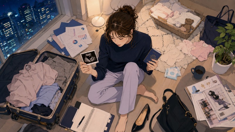 夫の転勤と自身の妊娠が重なり、キャラクター・化粧雑貨メーカーで海外営業をしていた29歳女性が、深夜の部屋でエコー写真とパスポートを見つめながら退職を考えるシーン。営業資料やスーツケース、ベビー用品が散らばる空間に、仕事と家庭の間で揺れる心情が表現されている。