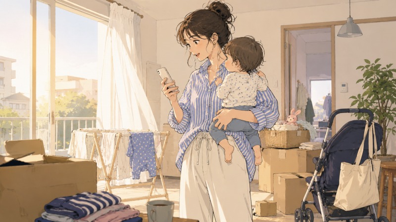 保育園の入所通知を確認しながら、子どもを抱いて再就職を決意する29歳女性。引っ越し直後の部屋には段ボールやベビーカーが置かれ、子育てと仕事復帰を両立しようとする母親の前向きな転職準備の様子が描かれている。