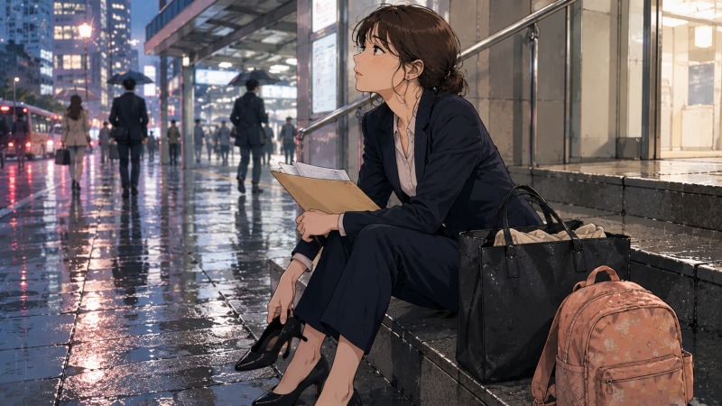 子持ちでの転職活動に苦戦し、雨の駅前で面接帰りに履歴書を抱えて座り込む29歳女性。営業職からの再就職を目指す中で、不採用や偏見に傷つきながらも前を向こうとする姿が、夜の都市風景とともにリアルに表現されている。