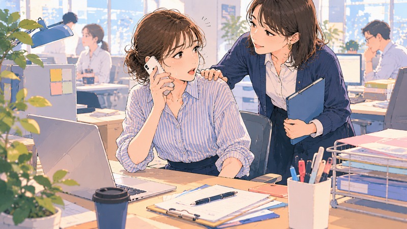 求人広告会社で営業アシスタントとして働く29歳女性が、子どもの急な発熱連絡を受けて不安になる中、同僚が肩に手を添えて支える職場のシーン。子育てに理解のある会社へ転職したことで、安心して働ける環境を得た様子が描かれている。