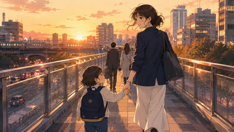 仕事帰りの29歳女性が、夕暮れの歩道橋で子どもと手をつなぎながら街を歩くシーン。転職を経て、子育てと仕事を両立しながら自分らしい働き方を見つけた女性の穏やかな充実感と未来への希望が表現されている。