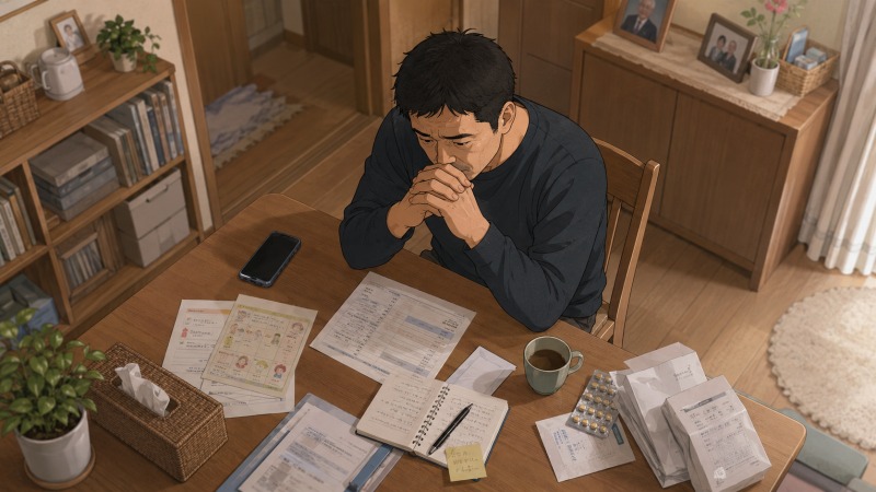 父の介護と母の負担を考え、43歳男性が自宅の食卓で書類や薬袋を前に深く悩みながら退職を決意する場面。家族介護と仕事の両立に向き合う40代の転職理由を描いたイラスト。