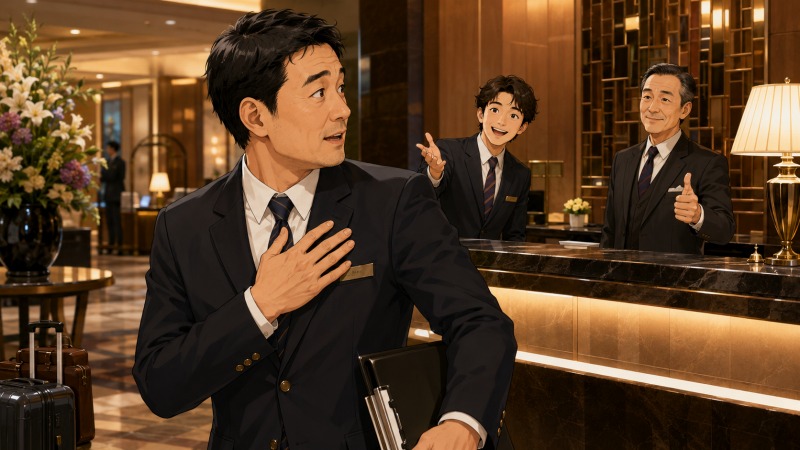 ホテルのフロントで働く43歳男性が、父の急な体調不良に戸惑う中、同僚と上司に支えられて早退を認められる場面。介護と仕事を両立しながら、職場環境に恵まれたホテルサービススタッフの転職後を描いたイラスト。