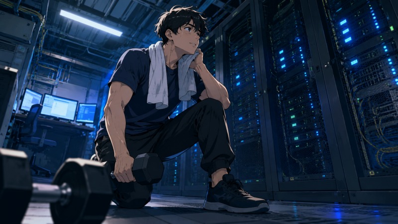 深夜のサーバールームで、35歳のネットワークエンジニア男性がダンベルを持ちながら汗を拭っている様子。青白いLEDが並ぶ監視環境の中で、「健康で逞しいネットワークエンジニア」を目指して筋トレを始めた転職前の生活を描いたシーン。