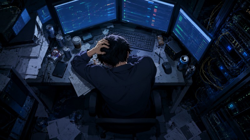 残業続きの深夜監視室で、ネットワーク監視業務に追われる35歳男性エンジニアが頭を抱えて疲弊している場面。複数モニターや散乱した書類、絡まるLANケーブルが、サービス残業や上司とのストレスに苦しんでいた転職前の過酷なIT職場環境を表現している。