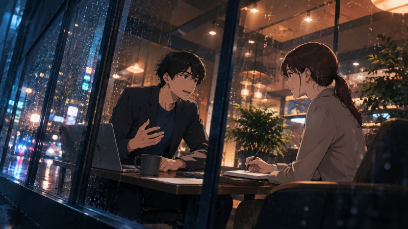 雨の夕方のカフェラウンジで、35歳のネットワークエンジニア男性が女性転職エージェントに相談しているシーン。dodaのキャリアコンサルタントに丁寧なヒアリングを受け、不安を抱えながらも前向きに転職活動を進め始めた瞬間を描いている。