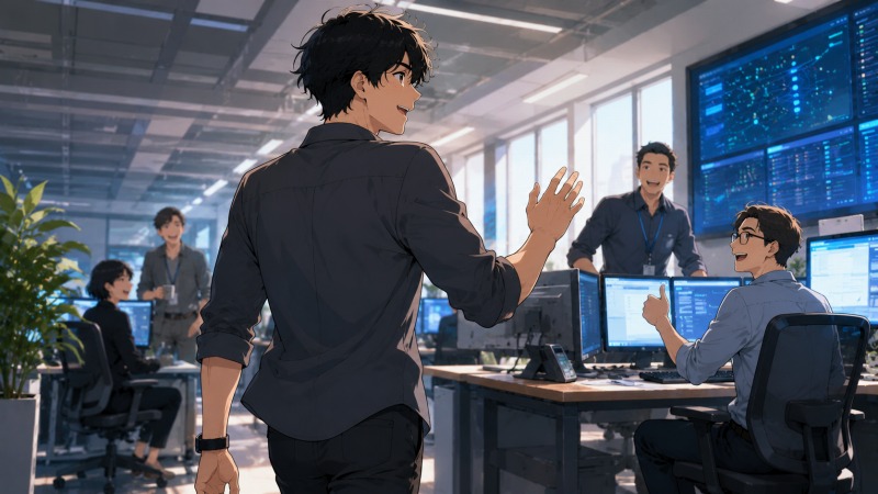 明るく整理されたITオフィスで、35歳のネットワークエンジニア男性が同僚へ笑顔で応えている場面。感謝の言葉が飛び交う新しい職場環境の中で、残業代改善や良好な人間関係を実感し、転職成功を感じている様子を表現したイラスト。