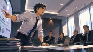 重厚な会議室で、男性プロダクトマネージャーが腕まくり姿で新規システム企画を熱心に提案している場面。挑戦したい意欲を前面に出している一方、役員たちは慎重な表情で見守っており、大企業特有の保守的な組織文化とキャリア停滞への不満が表現された転職前のイラスト。