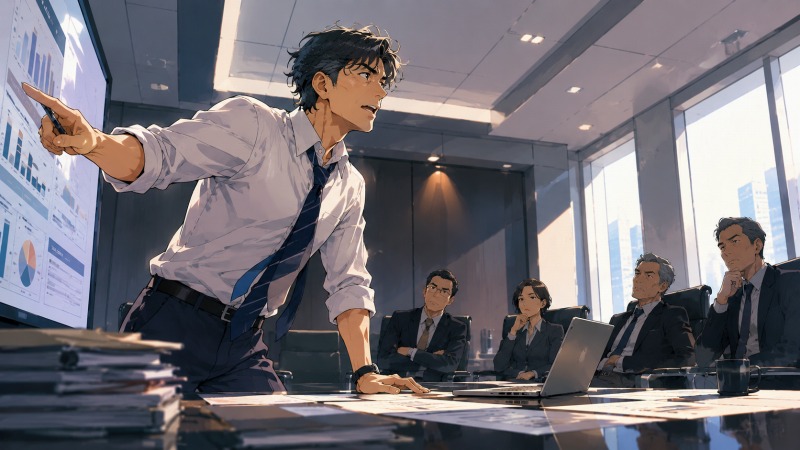 重厚な会議室で、男性プロダクトマネージャーが腕まくり姿で新規システム企画を熱心に提案している場面。挑戦したい意欲を前面に出している一方、役員たちは慎重な表情で見守っており、大企業特有の保守的な組織文化とキャリア停滞への不満が表現された転職前のイラスト。