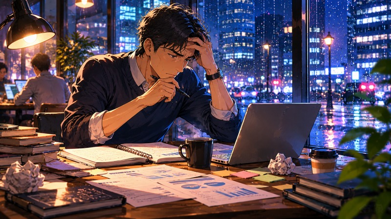 雨の夜のカフェで、40代男性がノートPCと転職資料を前に一人で悩み込んでいる様子。転職活動が長期化する中、自己分析や面接対策に向き合いながら、自分の強みやキャリアビジョンを模索している。中途採用・40代転職の不安と挑戦を描いたシーン。