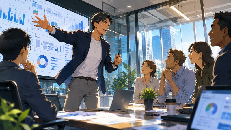 外資系保険会社の開放的なオフィスで、男性プロダクトマネージャーが難易度の高い案件を自信を持ってプレゼンしている場面。多国籍のチームメンバーが前向きに耳を傾けており、転職によって挑戦できる環境を得て、実力を発揮しながら高評価を受けているキャリアアップ後の仕事風景。