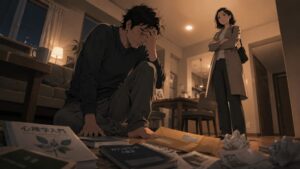 40代男性が夜のリビングで妻から離婚を切り出され、床に座り込んで言葉を失う場面。心理カウンセラーとしての独立失敗、仕事を転々とした後悔、夫婦関係の崩壊が、散らばる本や封筒、暖色照明の陰影で表現されている。