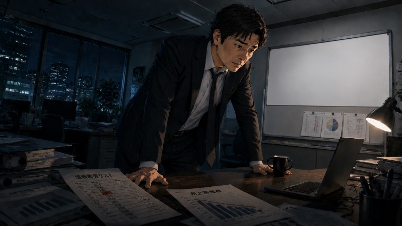 40代の経理職男性が深夜のオフィスで会社の業績悪化を示す資料を見つめ、退職勧奨リストに自分の名前がある現実に直面する場面。赤字決算、売上減少、リストラ危機による不安と孤立感が描かれている。