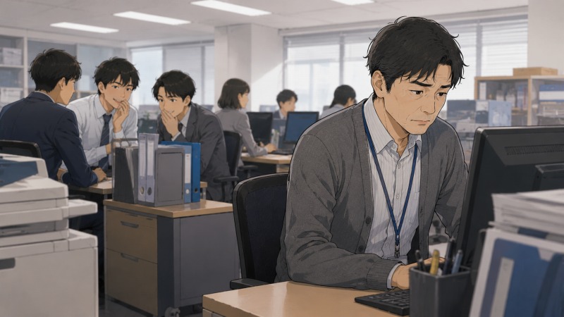 45歳で中小企業の経理職に転職した男性が、若い同僚たちの噂話を背に受けながらオフィスで孤立して働く場面。年収低下、リストラ経験、バツイチという個人情報を陰で笑われる屈辱と、40代転職後の居場所のなさが表現されている。