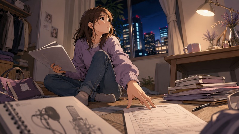 声優を目指していた30歳女性が、東京のワンルームで台本や履歴書に囲まれながら、派遣社員として働く将来への不安と「正社員になりたい」という思いの間で悩んでいる様子を描いたイラスト。声優養成所時代の夢を手放し、一般企業への就職とキャリア形成を考え始めた転職前の心情を表現している。