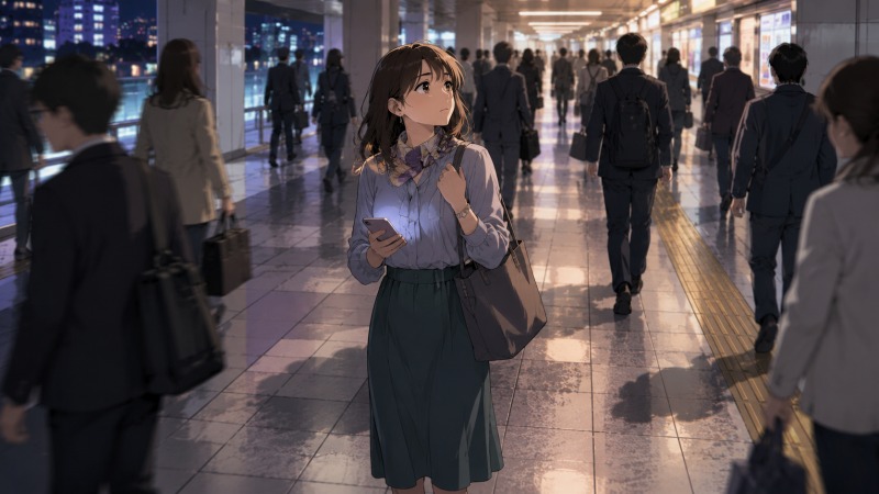 WEBマーケティング会社で派遣社員として働く30歳女性が、夜の駅構内で求人情報を見つめながら、正社員転職と人生の見直しを決意しているイラスト。長時間通勤や研修不足、将来への不安、失恋をきっかけに「30歳までに転職したい」と考えるリアルな転職前の葛藤を表現している。