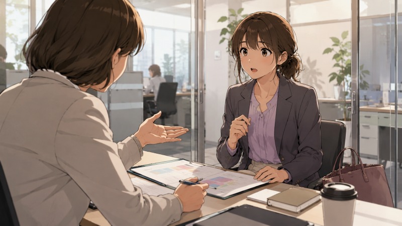 転職活動中の女性が、人材派遣会社の面談室で「営業として働いてみませんか」と提案を受け、驚きと希望を感じているイラスト。派遣社員から正社員への転職を目指す30代女性が、選考に苦戦しながらも未経験で人材業界へ挑戦する転機となった場面を描いている。