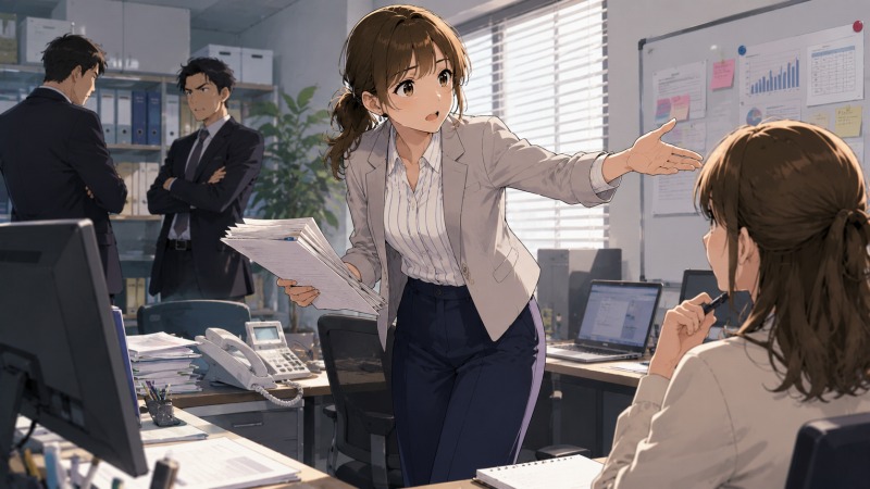 人材紹介会社へ正社員転職した女性営業が、小規模支店オフィスで新人同期へ仕事を教えながら、自ら営業手法を学び開拓しているイラスト。未経験営業として即戦力を求められ、上司同士の対立に板挟みになりながらも、年収アップとキャリア成長を実現していく転職後のリアルな職場環境を表現している。