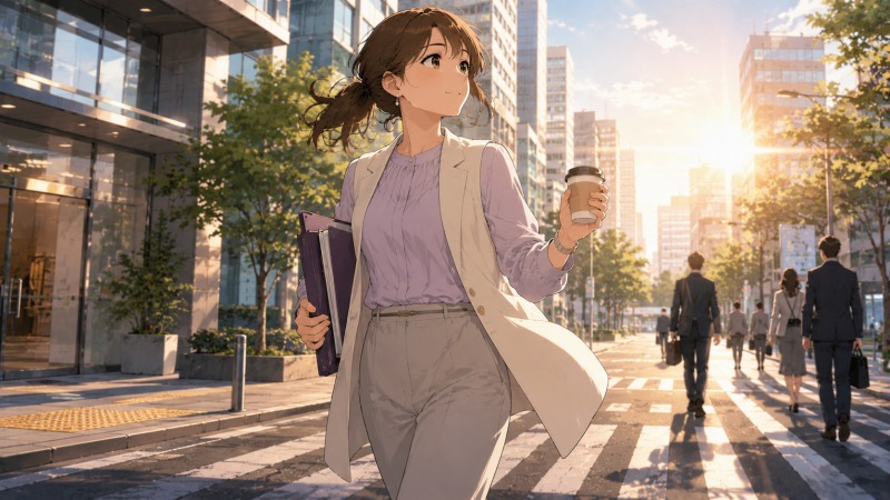 派遣社員から正社員営業へ転職した30歳女性が、朝のオフィス街を前向きな表情で歩きながら、採用や人材育成への挑戦を見据えているイラスト。転職経験を通じて研修制度や受け入れ体制の重要性を実感し、これからは転職者を支援できる環境を作りたいと考えるキャリアの成長を描いている。
