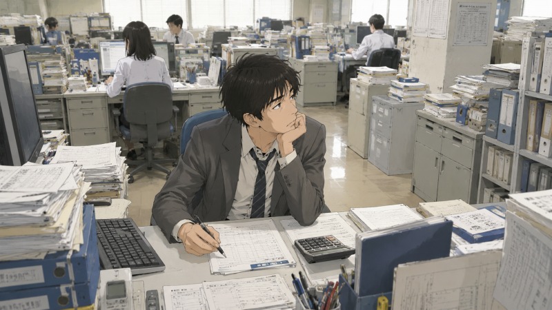 深夜の運輸会社の経理部で、35歳の男性経理職が大量の書類と電卓に囲まれながら無表情に仕事を続ける様子。13年間同じ会社で働き続け、「つまらない人」と言われた当時の閉塞感と、やりがいを見失った会社員の日常を描いた転職前のシーン。