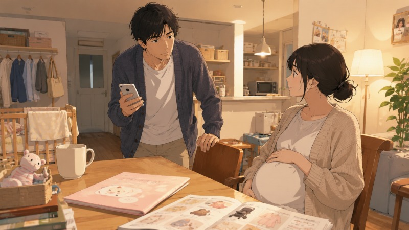 妊娠中の妻と小さなダイニングで向き合いながら、転職エージェントの情報をスマホで確認する35歳の男性経理職。家族を支えるために年収アップを決意した瞬間を、温かい家庭の空気感とともに描いた転職のきっかけとなる場面。