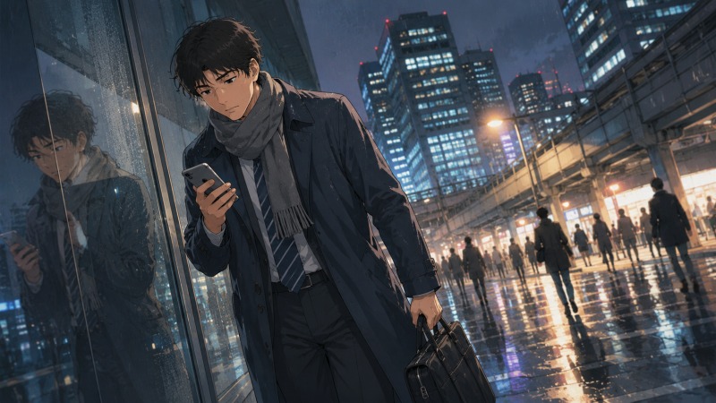 雨の夜の東京駅周辺で、コート姿の経理職男性がスマホで求人メールを確認しながら歩く転職活動中のシーン。働きながら1年かけて転職活動を続け、年収アップとより良い職場環境を目指して悩み続けた30代会社員のリアルな姿を表現している。
