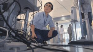 病院の感染対策エリアで、49歳の院内SE男性がサーマルカメラや配線を確認しながら「これはSEの仕事なのか」と迷いを抱く様子。医療機関の社内SEとして働く中で、技術職としての成長に不安を感じている場面。