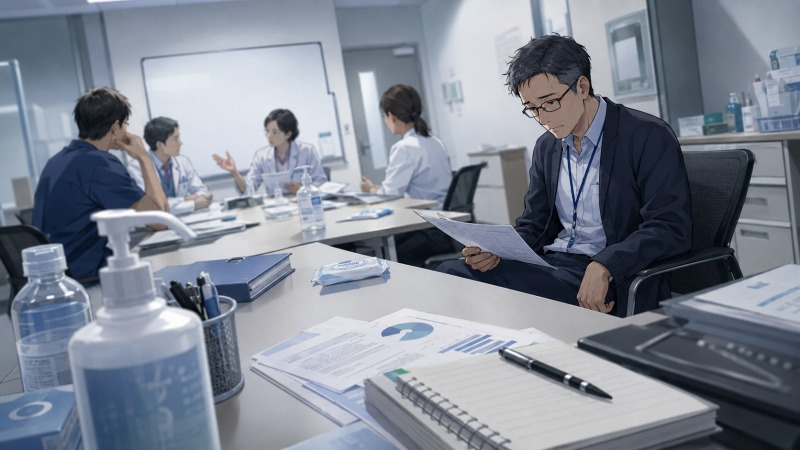 病院の会議室で、感染対策の話し合いに参加する49歳の院内SE男性が、資料を見つめながら転職を考えている様子。コロナ禍の医療機関勤務による不安と、社内SEとしてのキャリア停滞を感じる場面。