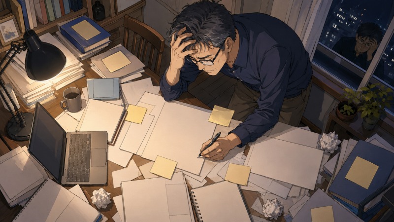夜の自宅で、49歳の男性SEが職務経歴書やノートを広げ、自分の強みや価値観を言語化しようと悩んでいる様子。転職活動中のキャリアの棚卸しと自己分析に苦労する場面。