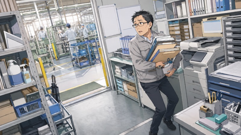 製造業の新しい職場で、49歳の社内SE男性が総務研修の書類を抱え、工場と事務所の間で戸惑っている様子。院内SEから製造業SEへ転職後、会社によって社内SEの役割が大きく異なることを実感する場面。